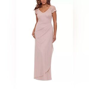 Xscape Blush Lace Cap-Sleeve V-Neck Maxi Gown